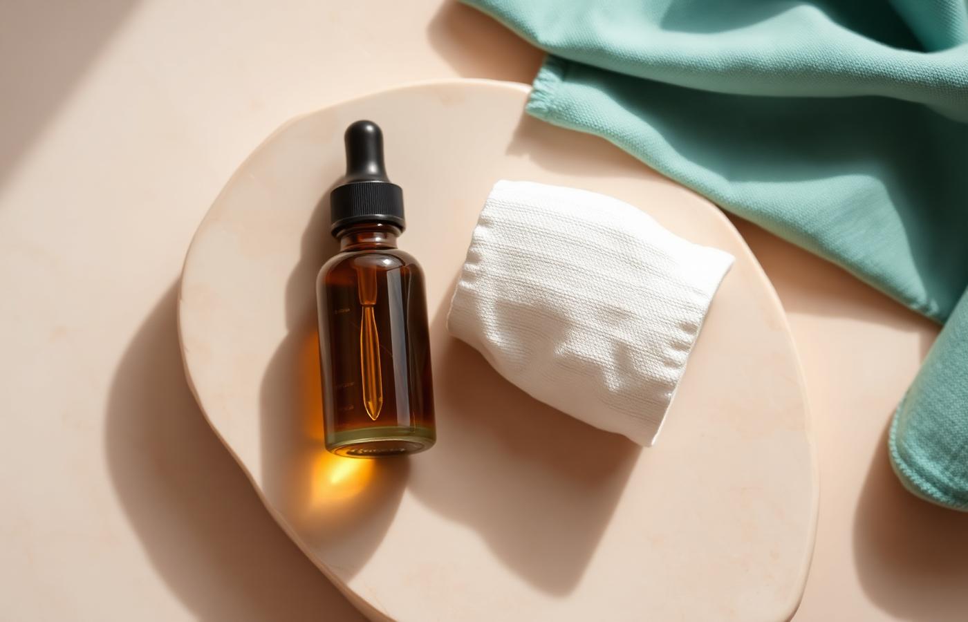 Serum bottle and cotton pad on a stone dish